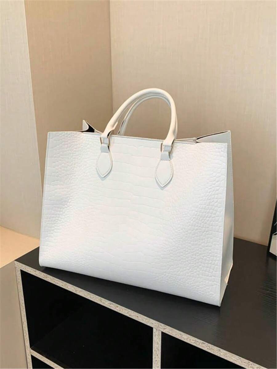 Bolso de mano grande de alta gama con estilo retro en color blanco, nueva moda elegante y versátil para otoño/invierno con estampado de cocodrilo, adecuado para damas para ir al trabajo, laptop, salidas diarias, compras, bolso de mamá, bolso de viaje unisex