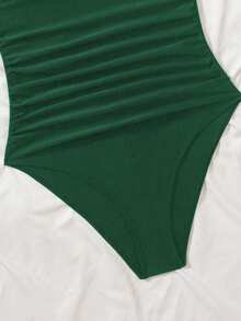 Women's Fashionable Black Slimming Concealing One-Piece Swimsuit, Solid Color With Waist Drawstring, Suitable For Beach Holiday