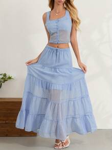 Women's Summer Outfits Solid Color Scoop Neck Tank Tops With Tiered A-Line Skirt Set Party Clothes