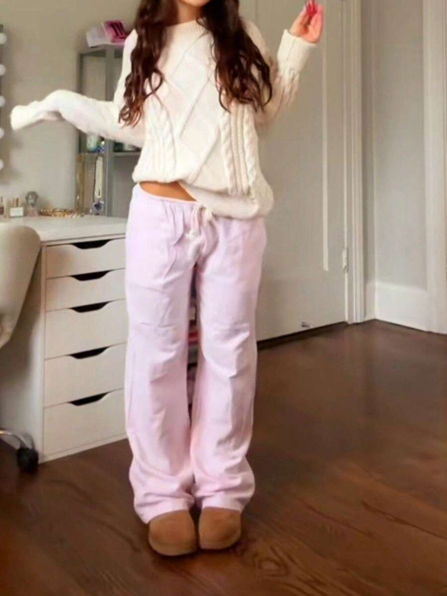 Women's Stripe Print Pants Drawstring Low Rise Straight Leg Trousers Bottoms - Pink - View 1