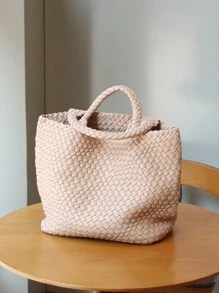 秋冬时尚软皮水桶托特包单肩大包编织跨境饺子包小众设计欧美复古日韩风大容量手提包购物袋 - 杏色 - 查看 5