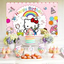 Sanrio 1 pezzo Striscione per festa di compleanno di Hello Kitty di Sanrio - Sfondo di compleanno felice con gatto kawaii carino, decorazioni per feste, telo da parete per sala delle feste, accessori studio, 210 x 150 cm / 150 x 100 cm / 100 x 75 cm