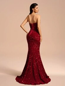 无袖露肩亮片美人鱼晚礼服、派对礼服、婚礼宾客礼服、正式礼服、晚礼服