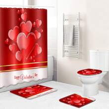 Juego de cortina de ducha para el día de San Valentín con estampado de corazones, alfombrilla para el suelo, funda para inodoro para baño - Rojo - Ver 2