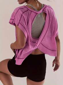 Women's Cap Sleeve Crewneck Twist Backless Slim Fit Solid Crop Tee Top