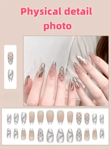 24pcs Set Diamond-Encrusted Nude Stiletto Cat Eye Polka Dot Removable Fake Simple Fashionable Versatile European-American Style Nail Tips, Featuring A Classy Design Suitable For Balls, Dates, Parties, Home And Daily Wear, Ideal Gift For Fashionable Ladies & Girls, Today's Order Includes 1 Pack Of Nail Tips And 1 Nail File