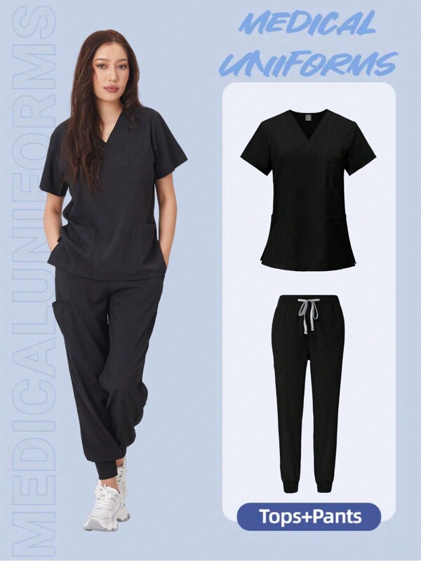 1 Set Nurse Uniform With Multiple Color Options, Moisture Wicking Casual Scrubs For Hospital, Veterinary Clinic, Beauty Salon, V-Neck Comfortable Scrub Tops And Bottoms