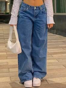 Chicsale Solid Color Casual Fashion Inelastic Jeans, Sexy Straight Pants-Diagonal Pocket Jeans, Women's Wear - 深色水洗藍 - 查看 1