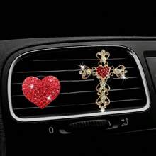 2pcs Heart Shaped Diamond Decorations Set Car Air Vent Clip Freshener Interior Ornament Car Air Conditioning Decor Fragrance Product - Red - View 2