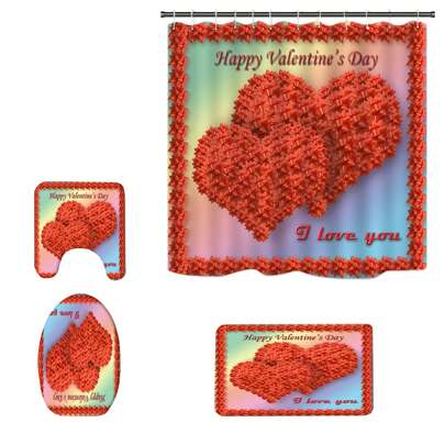 4 Pcs Valentines Day Shower Curtain Set Heart Print Floor Mat Toilet Cover Pad For Bathroom