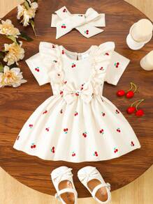 Baby Girls Ruffle Hem Cherry Print Bubble Ruche Short Sleeve Sweet Dress With Headscarf, Suitable For Outdoor Vacation, Photoshoot, Casual