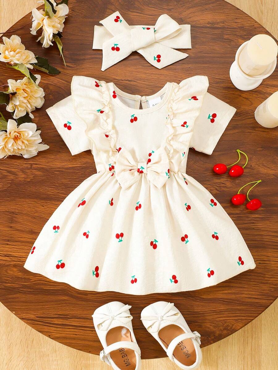 Baby Girls Ruffle Hem Cherry Print Bubble Ruche Short Sleeve Sweet Dress With Headscarf, Suitable For Outdoor Vacation, Photoshoot, Casual