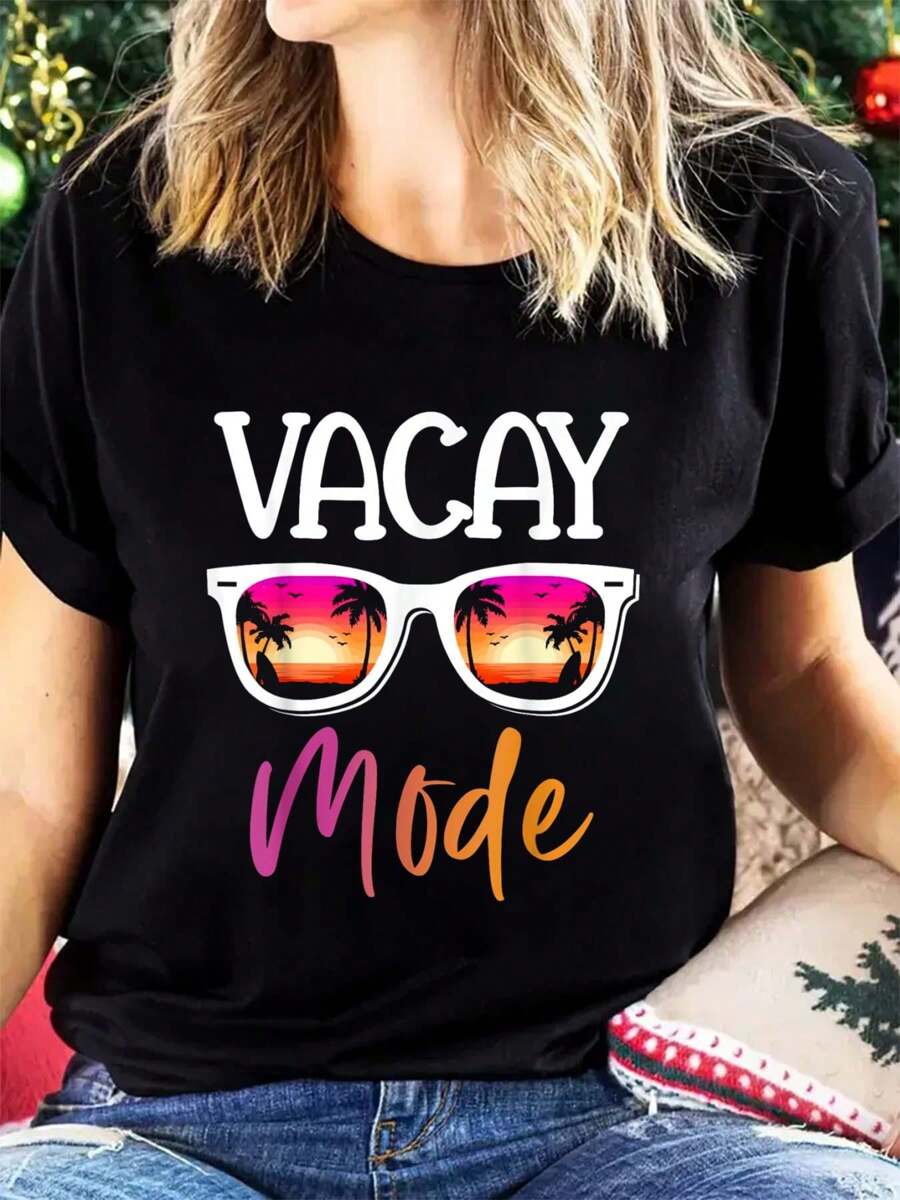 Vacay Mode T-Shirt Women Summer Short Sleeve Fahion Printed Cotton T Shirt Graphic Tees Women Tops - 黑色 - 查看 1
