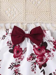 2件套女婴时尚可爱纯色不对称肩吊带背心搭配蝴蝶花朵图案半身裙，夏季日常出行及度假新品 - 酒紅色 - 查看 6