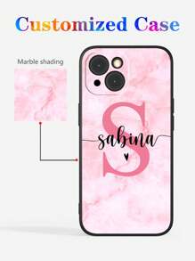 Customized Pink Gradient Marble Color Initial Letter Signature Design Shockproof Phone Case, Personalized Signature Phone Case, Suitable For Girl's Birthday Gift, Valentine's Day Gift. Customizable Name Color Phone Case, Personalized Colorful Letter Anti-Drop Thick Black Phone Case Cover For S20, S21, S22, S23, S24, A12, A14, A15, A21, A22, A31,  11/13/14/15 Pro Max, 16 Pro Max - Black - View 5