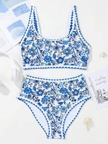 Women 2-Piece Bikini Swimsuits Floral Print U-Neck Bra And High Waist Briefs Sets For Summer Beachwear Bathing Suit - Màu xanh lam - Xem 6