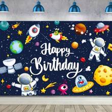 1 件太空主题生日横幅，涤纶摄影背景，带有宇航员和行星，3D 太空派对装饰，无需电力，适合家庭和厨房使用 - 1個 - 查看 1