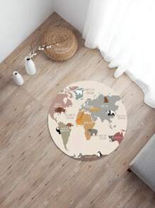 柔软且防滑的圆形地毯，配有带有动物插图的奇思妙想世界地图 - 非常适合游戏室、卧室和客厅 - 彩色 - 查看 14