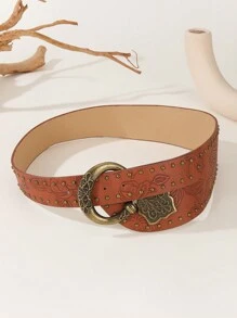 1 件女士西式复古铆钉印花百搭街头时尚腰带夏季、学校秋季、秋季、万圣节