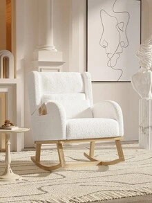 Sedia a dondolo, sedia a dondolo morbida e imbottita con cuscino lombare, tasca laterale, poltrona reclinabile con struttura in legno, tessuto teddy, per soggiorno, camera da letto, beige - Bianco - Visualizzare 5
