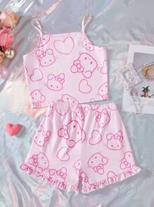 Cute Girls Summer Casual Home Wear 2pcs Set, Pink Heart Rabbit Pattern Tank Top And Shorts, Suitable For Summer Home Wear - Pink - View 4