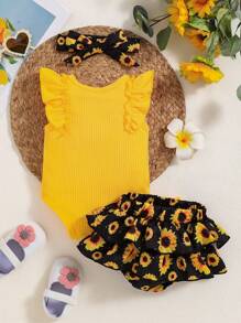 2pcs Baby Girl "Mama's" Floral Print Sleeveless Bodysuit And Sunflower Print Shorts With Headscarf Outfit, Spring/Summer - 黃色 - 查看 2