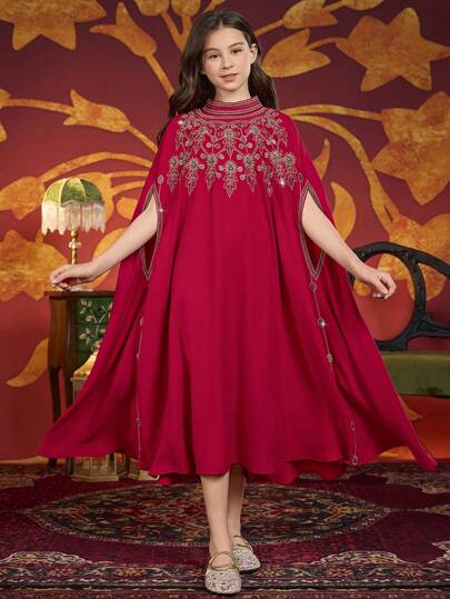 Tween-Mädchen Rotes Maxikleid im arabischen Stil, lange Robe für Dubai-Touristen, neues Design