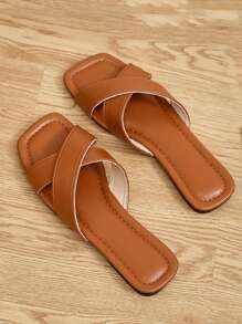 Women's Solid Color Criss-Cross Strap Soft Flat Sandals, Suitable For Outdoor, Commuting, Casual, Minimalist Design, Ideal For Walking, Shopping And Vacation