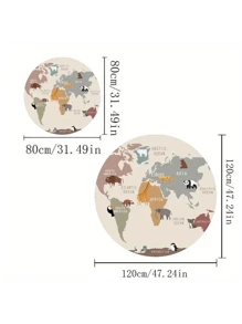 柔软且防滑的圆形地毯，配有带有动物插图的奇思妙想世界地图 - 非常适合游戏室、卧室和客厅 - 彩色 - 查看 3