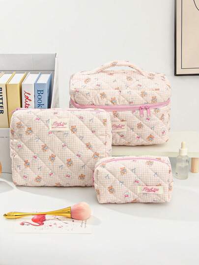 1 件装可爱蝴蝶结和熊图案化妆包女士绗缝大容量美学化妆包便携式格子化妆包带手柄多功能化妆品收纳包钱包袋旅行化妆包洗漱用品收纳包学校用品旅行必需品节日必需品化妆包化妆包化妆品收纳包节日冬季豹纹腊肠犬女士礼物