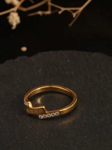 1 chiếc nhẫn số La Mã bằng thép không gỉ mạ vàng 18K và đính kim cương nhỏ, thích hợp để đeo hàng ngày cho phụ nữ, đám cưới, quà tặng cho vợ/mẹ - Vàng - Xem 5
