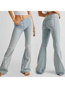 Women Fashion Flare Jeans Solid Color Stretch Denim Pants Spring Autumn Casual Slim Bell Bottoms Trousers - Baby Blue - View 3