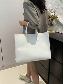 Bolso de mano grande de alta gama con estilo retro en color blanco, nueva moda elegante y versátil para otoño/invierno con estampado de cocodrilo, adecuado para damas para ir al trabajo, laptop, salidas diarias, compras, bolso de mamá, bolso de viaje unisex - Blanco - Ver 5