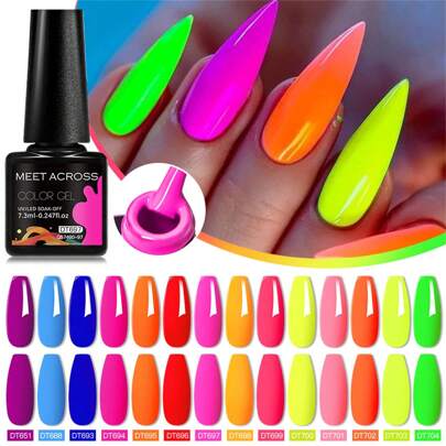 MEET ACROSS 7.3ML Fluorescent Gel Nail Polish Red Blue Neon Color Gel Polish For Summer Long Lasting Semi Permanent Soak Off UV LED Gel Varnish Manicure Nail Supplies Nail Art DIY Home Salon Nails