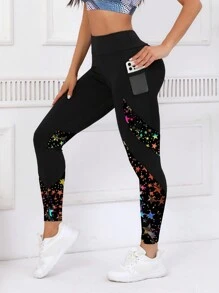 Women'S Contrast Color Print Pocket Design Casual Fitness Leggings Tights Spring - Mixed color - View 3