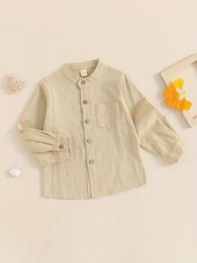 Camisa de color liso para niños de 3 a 8 años, con bolsillo en el pecho, cuello alto, manga larga, botones delanteros, para caballeros de otoño - Caqui - Ver 5