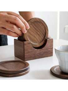 1set Black Walnut Wooden Cup Coasters, Round&Square Wooden Mug Mat, Heat Resistant Coffee Pad, Tea Accessories Collection