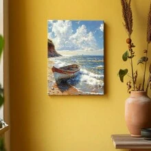 Wrapped Framed Canvas Vintage Wall Art Print Serene Beachscape With Boat - Artful Home Decor For Living Room, Bedroom, Bathroom, Office