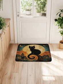 1pc Black Cat Night Bathroom Mat, Full Moon Pattern Kitchen Decor Floor Mat, Absorbent, Quick-Drying And Anti-Slip, Soft Thick Flannel Rug For Bathroom, Kitchen, Living Room, Home Decor Home Bathroom Decor Floor Carpet Outdoor Rug Door Mat