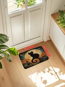 1pc Black Cat Night Bathroom Mat, Full Moon Pattern Kitchen Decor Floor Mat, Absorbent, Quick-Drying And Anti-Slip, Soft Thick Flannel Rug For Bathroom, Kitchen, Living Room, Home Decor Home Bathroom Decor Floor Carpet Outdoor Rug Door Mat