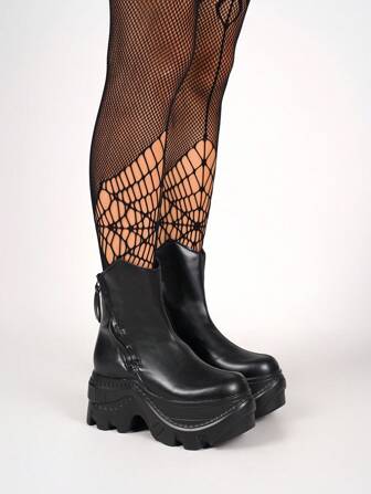 Black Zipper Combat Boots, Round Toe Chunky Heel Ankle Boots For Women, Motorcycle Boots