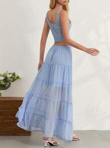 Women's Summer Outfits Solid Color Scoop Neck Tank Tops With Tiered A-Line Skirt Set Party Clothes