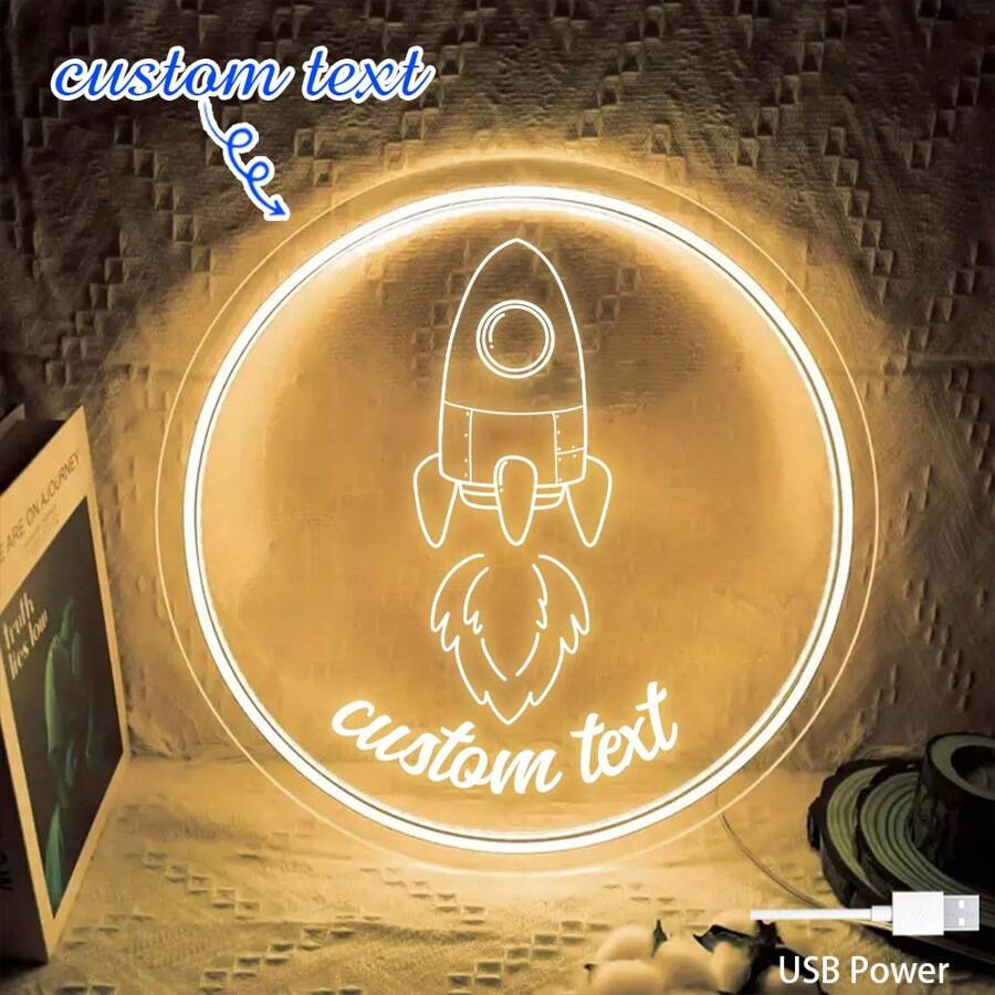 1 件可爱定制霓虹灯标志，卡通小火箭定制名称霓虹灯用于墙壁装饰，LED 霓虹灯标志美学房间装饰男孩和女孩霓虹灯标志适用于卧室、沙龙、婚礼派对粉色霓虹灯名称标志 - 彩色 - 查看 1