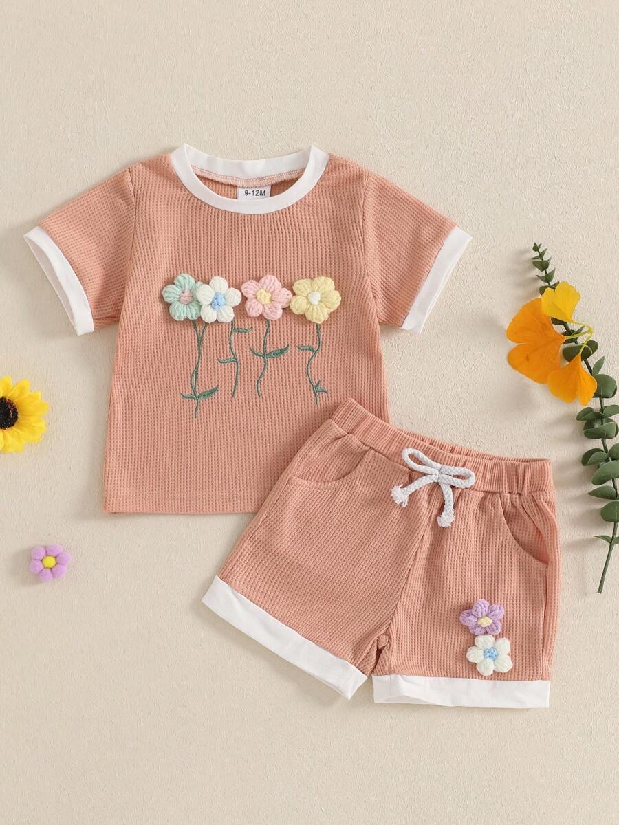 Fashion-Forward Toddler Girl Summer Waffled Clothes: 3D Flower Short Sleeve Round Neck Tops  Elastic Waist Shorts Outfit – Perfect For Birthday Parties And Gatherings - 粉色 - 查看 1