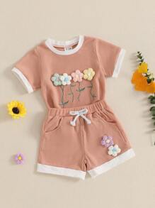 Fashion-Forward Toddler Girl Summer Waffled Clothes: 3D Flower Short Sleeve Round Neck Tops  Elastic Waist Shorts Outfit – Perfect For Birthday Parties And Gatherings - 粉色 - 查看 2