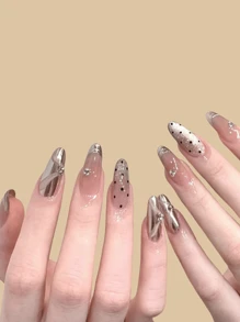 24pcs Set Diamond-Encrusted Nude Stiletto Cat Eye Polka Dot Removable Fake Simple Fashionable Versatile European-American Style Nail Tips, Featuring A Classy Design Suitable For Balls, Dates, Parties, Home And Daily Wear, Ideal Gift For Fashionable Ladies & Girls, Today's Order Includes 1 Pack Of Nail Tips And 1 Nail File