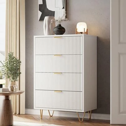 Creahappy Cómoda con 4 cajones-cómoda de madera aparador mueble de TV con cajones tiradores cómoda pasillo para dormitorio-salón-pasillo-cocina blanco- 4 cajones