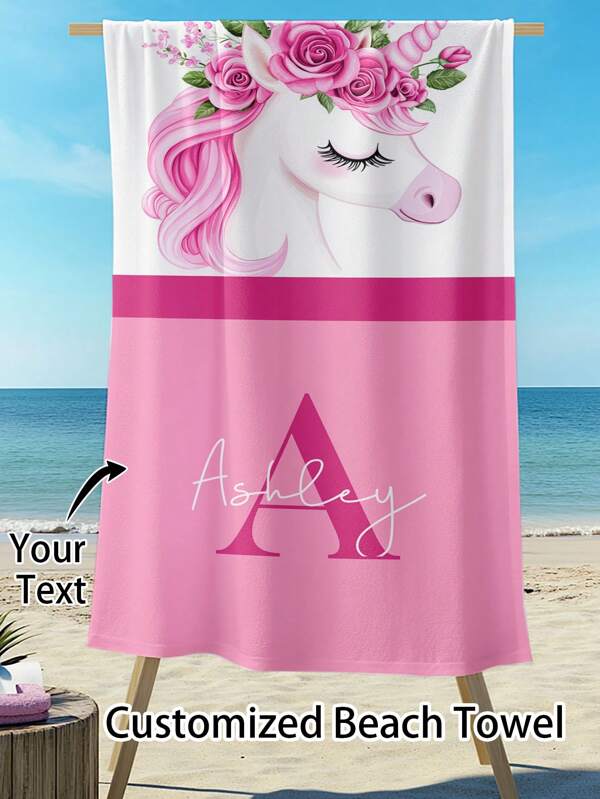 1pc Custom Name Unicorn Beach Towel, 70*140cm, 80*160cm, 90*180cm Perfect For Outdoor Beach Travel Swimming Gym Yoga, Beach Accessories, Perfect For Men & Women, Anniversary Gift, Birthday Gift, Mother's Day Gift, Father's Day Gift, Best Friend Gift, Gift For Girlfriend/Boyfriend Summer Holiday Bathroom Decor Beach Essentials