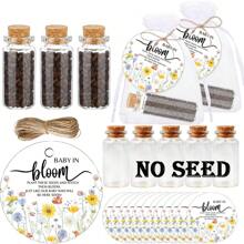 VICKYO 30 conjuntos de lembrancinhas para chá de bebê, pacotes de sementes para convidados, incluindo 30 garrafas de vidro de 25 ml com rolhas, 30 cartões, 30 saquinhos de organza e 1 barbante, adequados para festa de revelação de gênero, casamento, aniversário, sem sementes