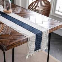 Boho Table Runner Macrame Table Runners For Home Decor Cream & Brown Macrame Table Runner With Tassels For Boho Dining Bedroom Decor Rustic Bridal Shower - Navy Blue - View 4